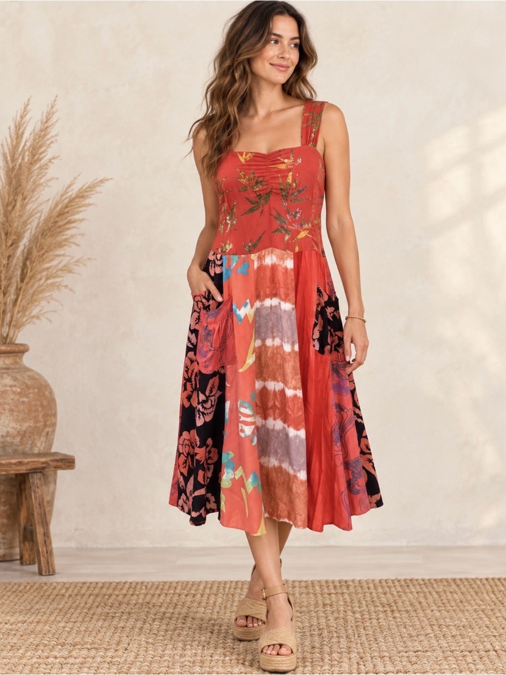 Vintage Colorful Boho Bohemian Sundress Dress Hippie S / M Summer Tie Dye coral